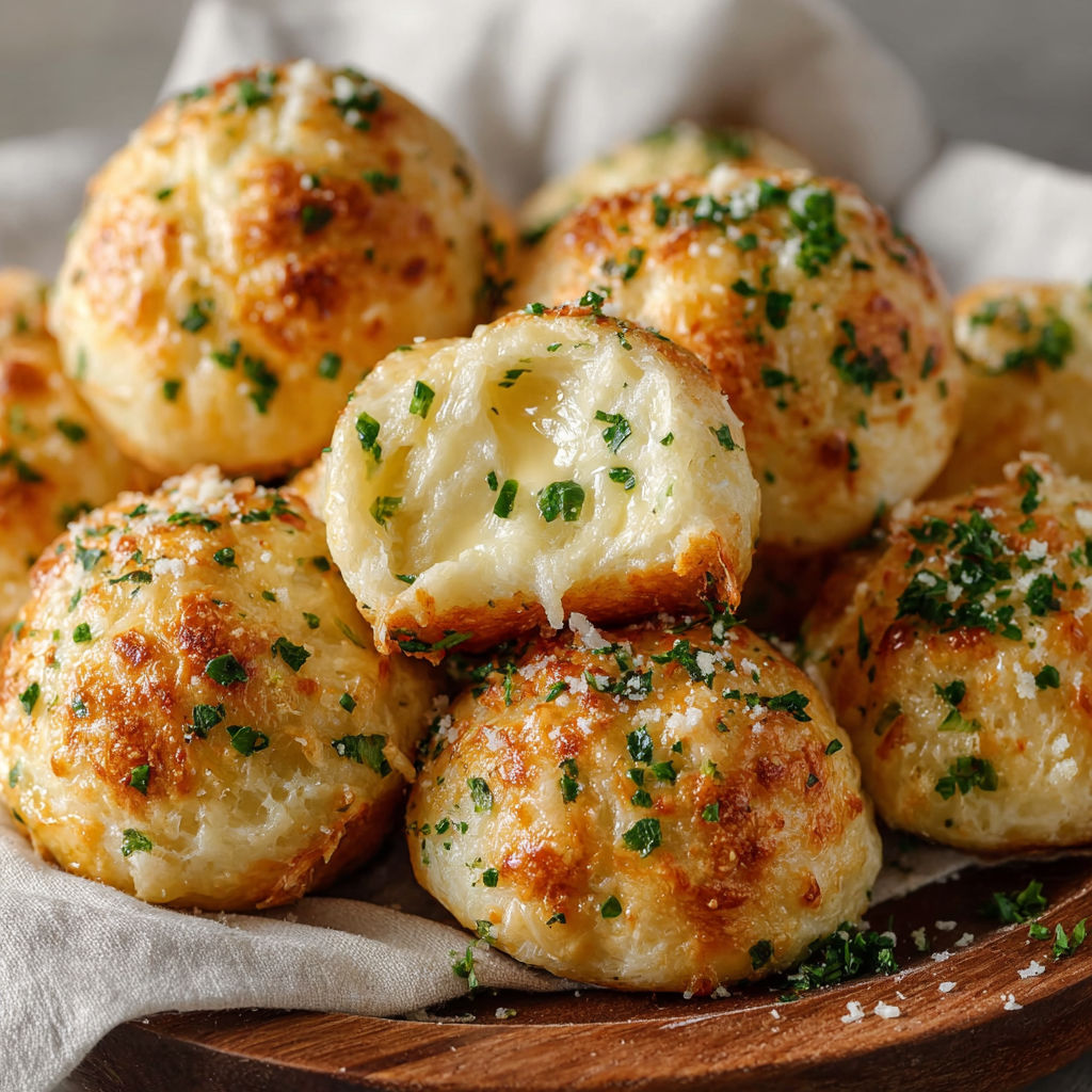 A plate of garlic butter bombs with cheese and herbs on top.