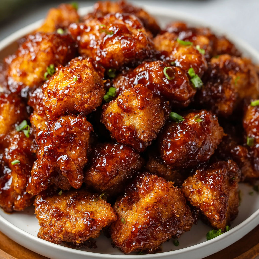 A plate of Honey BBQ Chicken Bites is served on a wooden table.