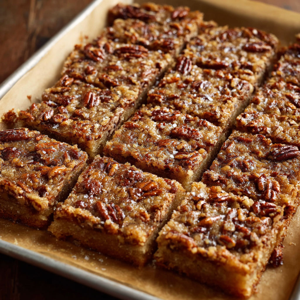 A pan of pecan pie bars with a brown sugar topping.