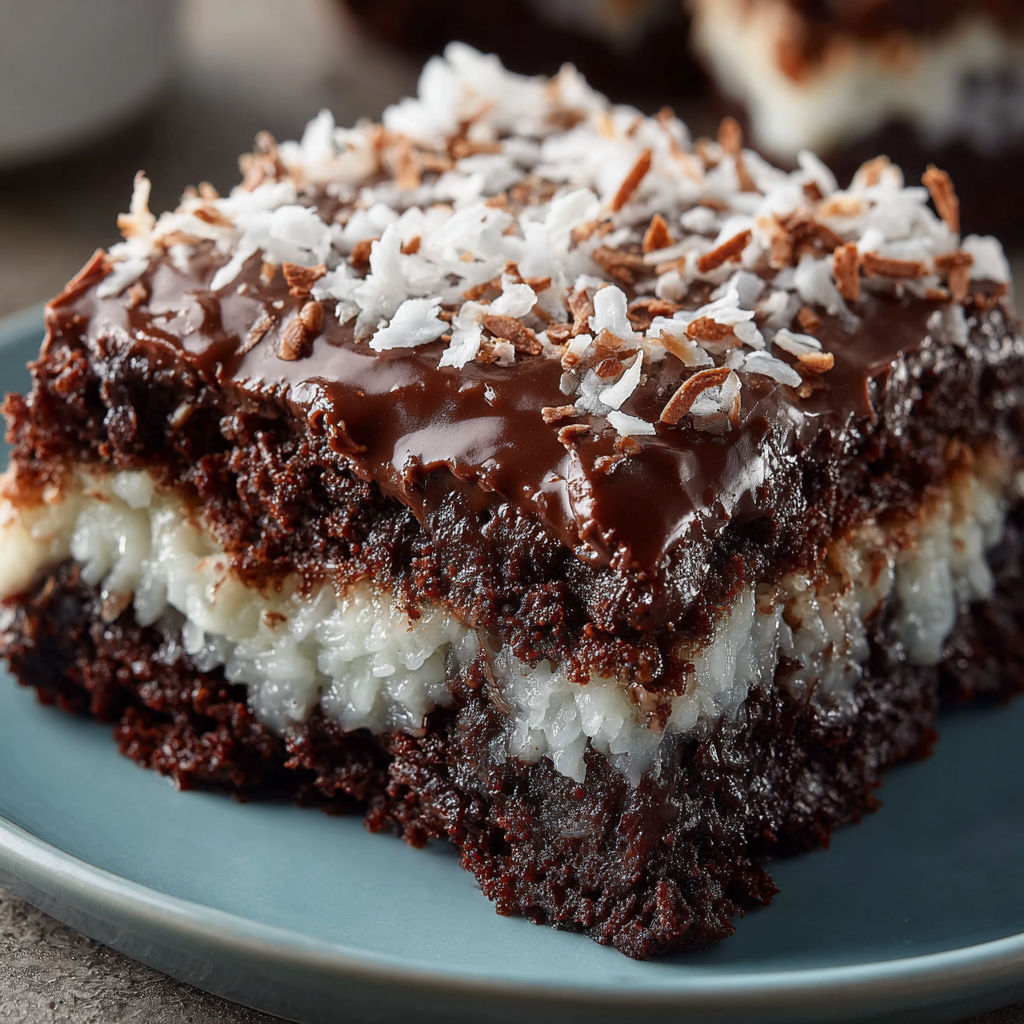 A slice of Mounds Cake with chocolate and coconut toppings.