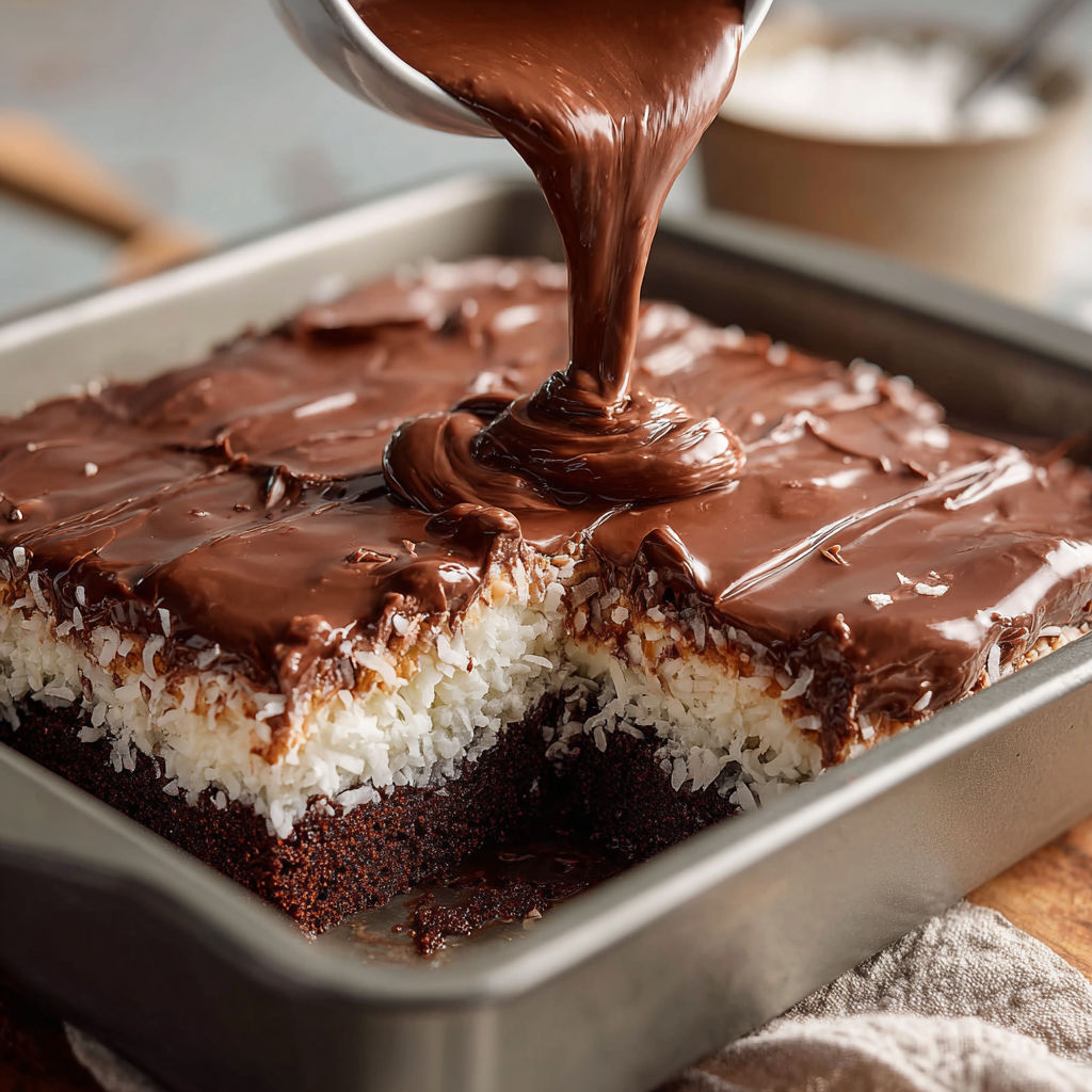 A delicious dessert is being prepared, with a chocolate sauce drizzled over a layer of coconut and chocolate.