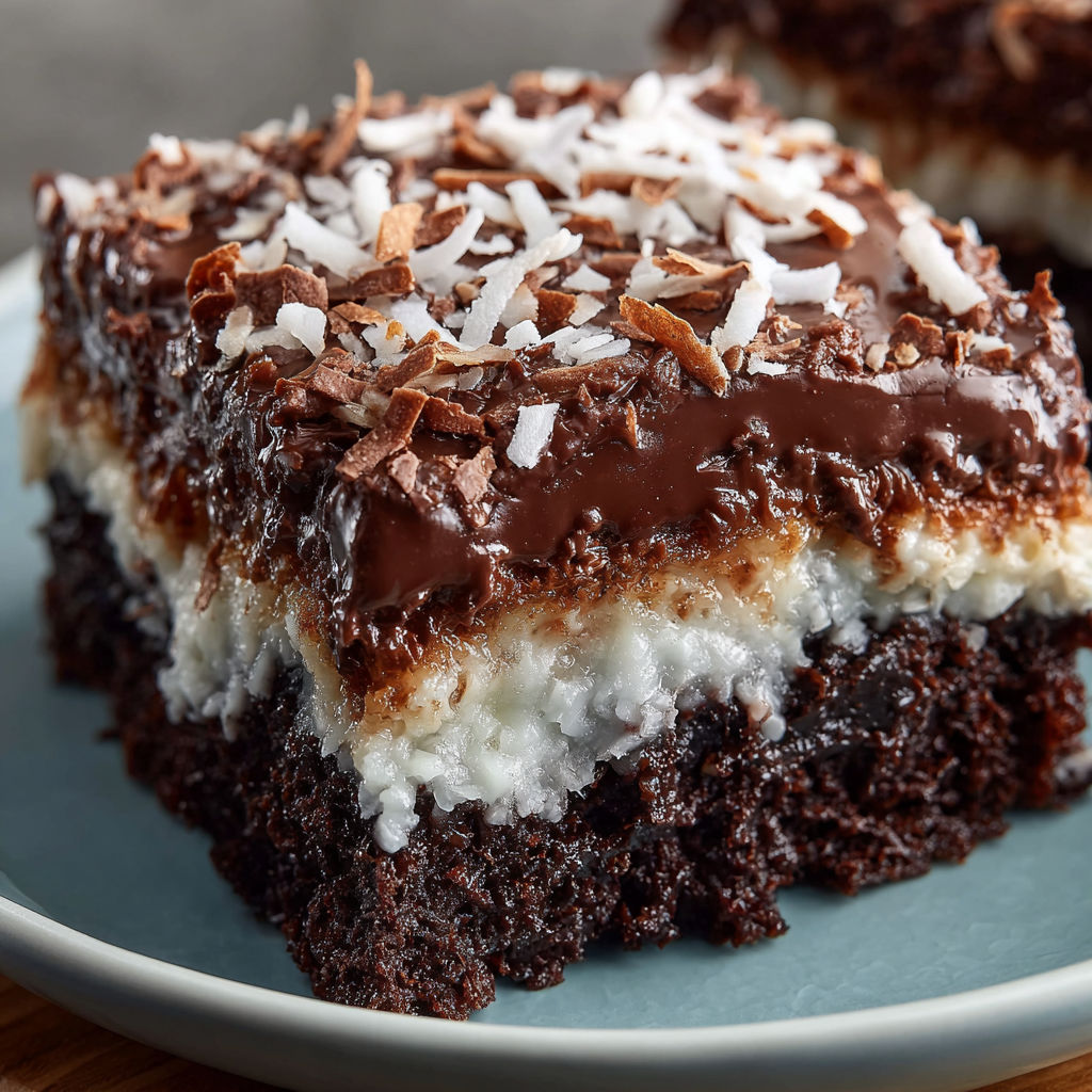 A slice of chocolate cake with white frosting and coconut topping.