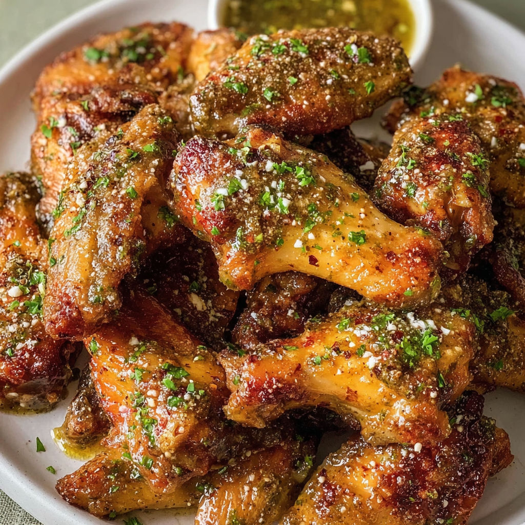 A plate of breaded and seasoned chicken wings with a dipping sauce.