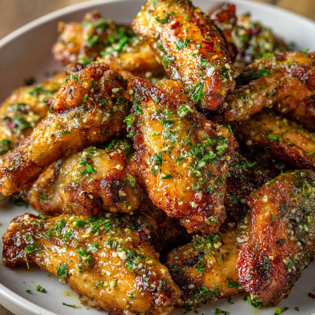 A plate of grilled chicken wings with a spicy sauce, served with a side of parsley.
