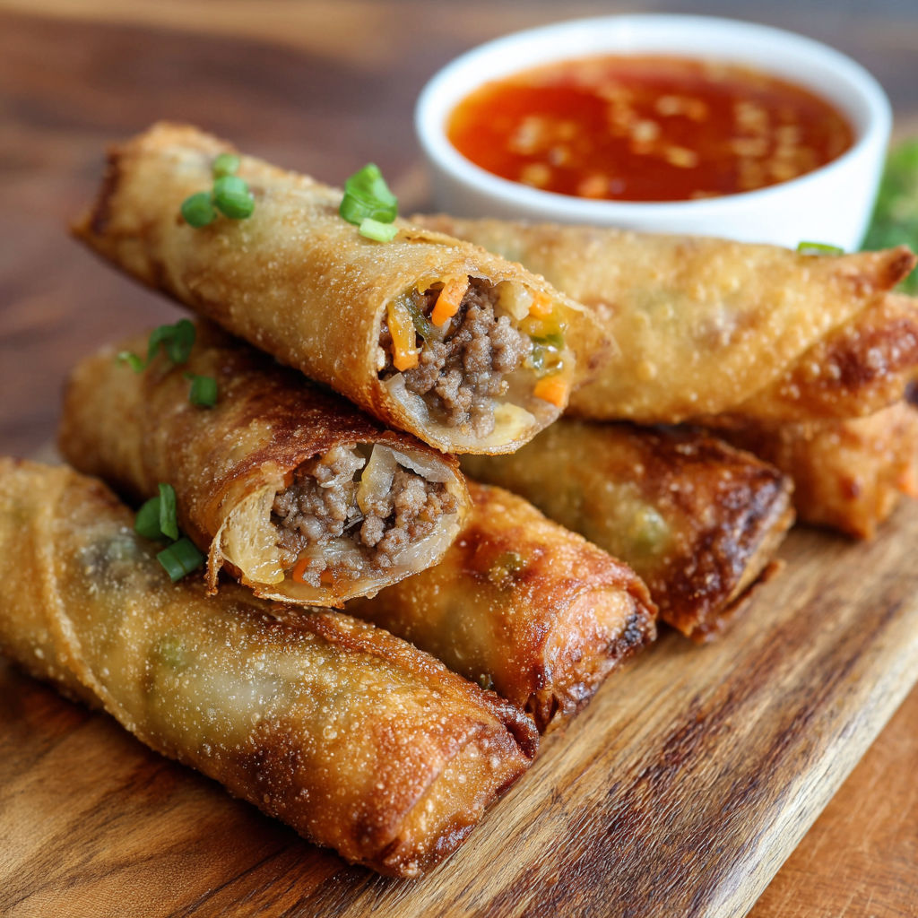 A plate of egg rolls with a dipping sauce.