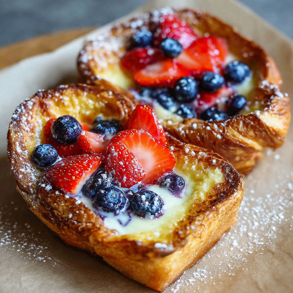 A delicious dessert with strawberries and blueberries on top.