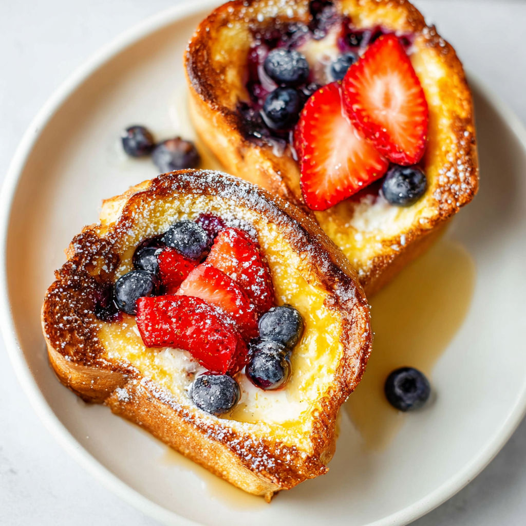 A plate of French toast with strawberries and blueberries on top.