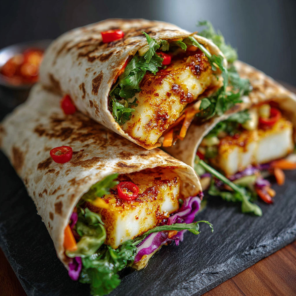 A delicious fish burrito is served on a black plate.