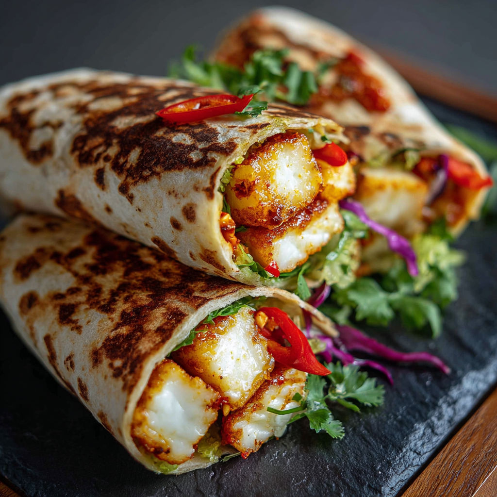 A delicious fish burrito is served on a black plate.
