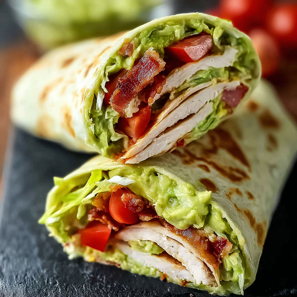 A delicious burrito filled with chicken, bacon, tomatoes, and avocado, served on a black cutting board.