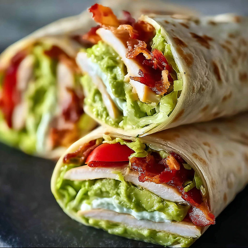 A delicious bacon and avocado wrap is displayed on a table.