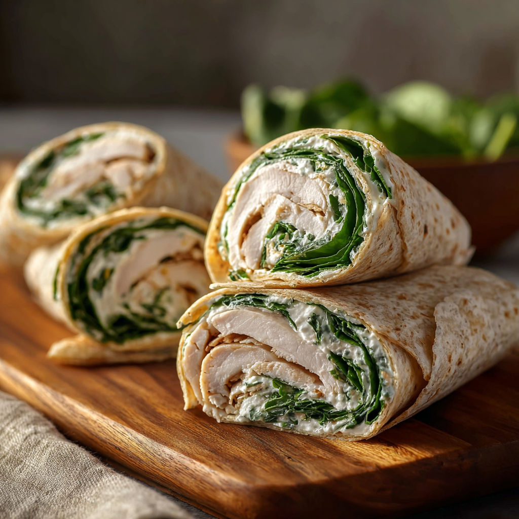 A wooden cutting board holds three rolled up wraps, each filled with chicken and greens.