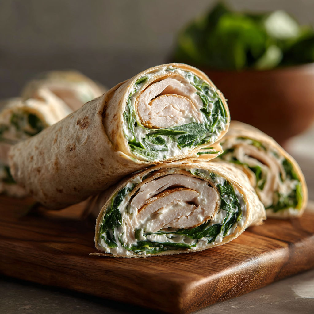 A delicious chicken and spinach wrap is displayed on a wooden cutting board.