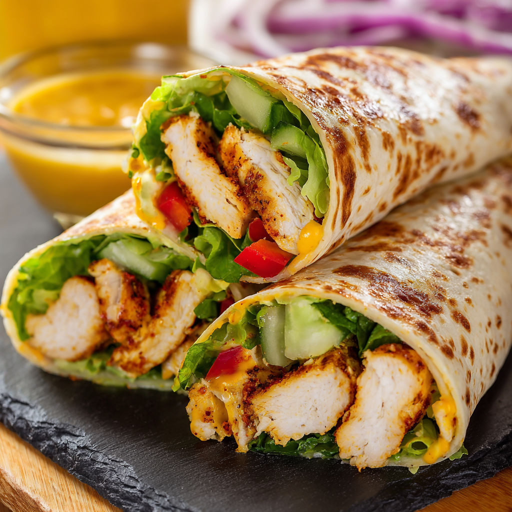 A chicken wrap with lettuce and tomatoes is served with a side of dipping sauce.