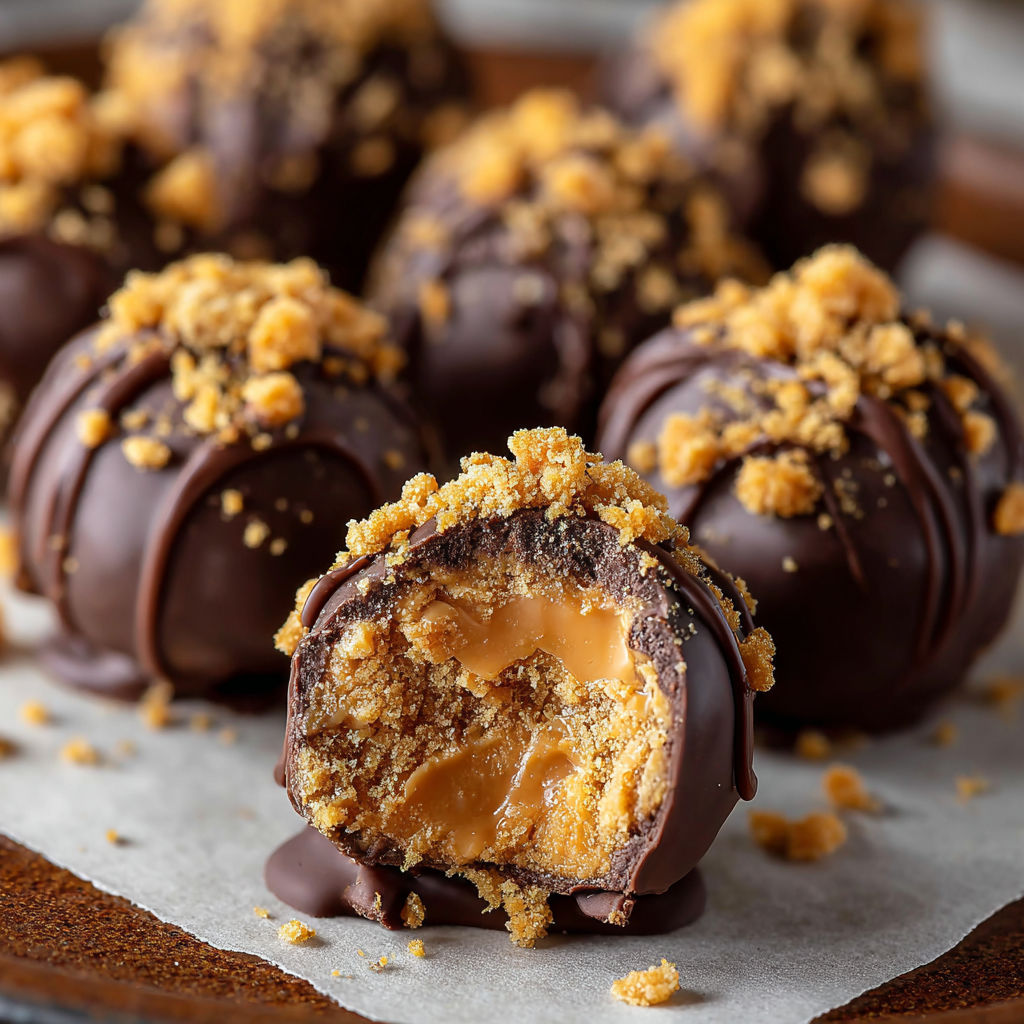 A plate of Butterfinger Balls, a delicious treat made from chocolate and peanut butter, is displayed on a table.