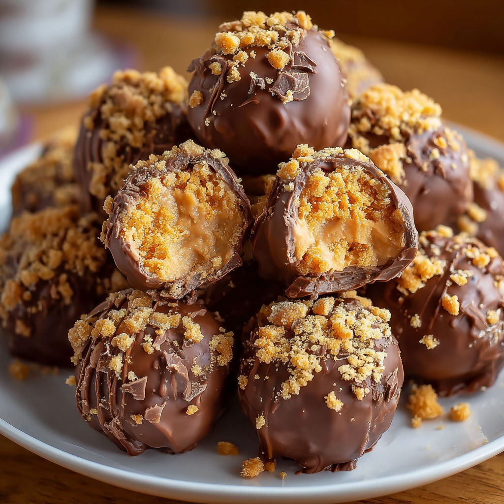 A plate of Butterfinger Balls, a delicious chocolate dessert with a crunchy topping.
