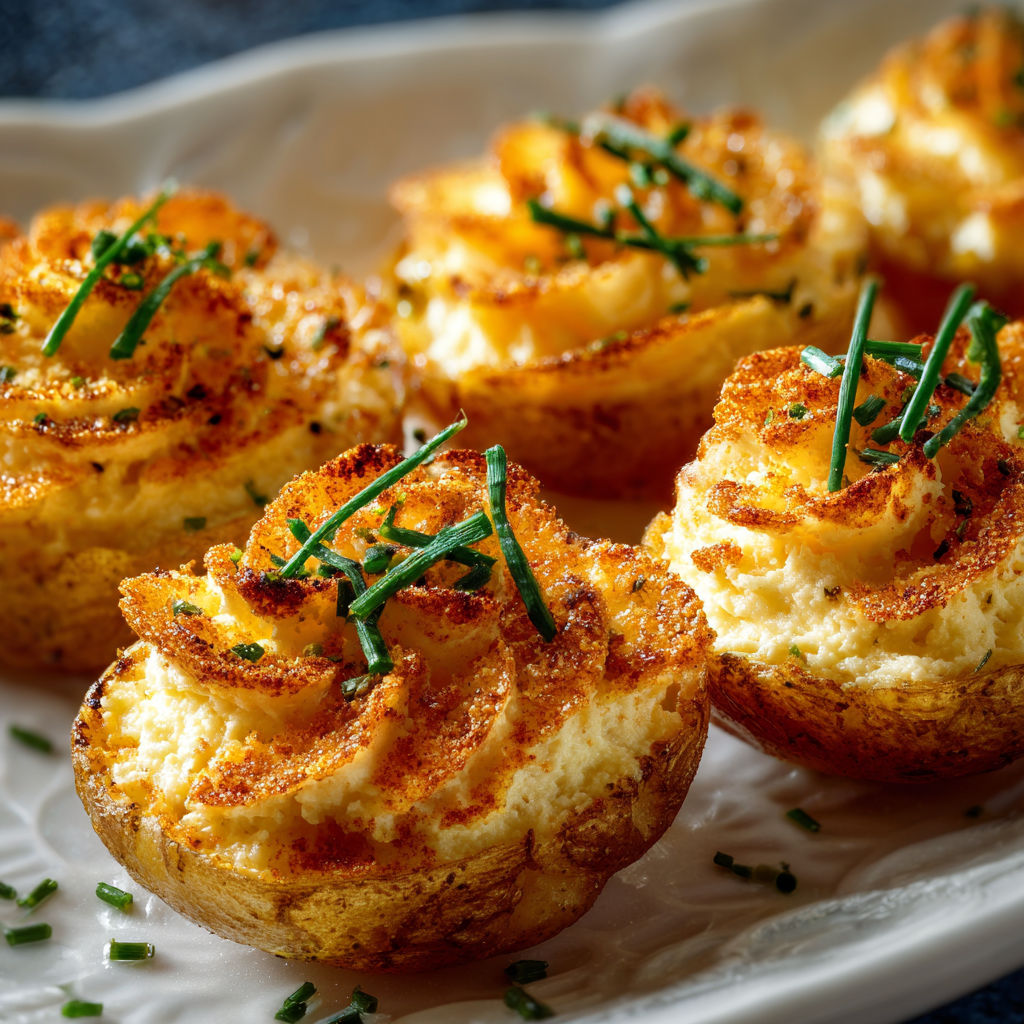 A plate of vegan deviled potatoes with green toppings.