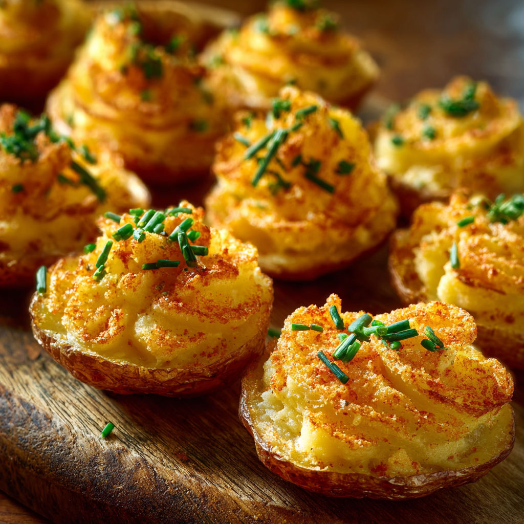 A wooden cutting board with a variety of food items, including a potato casserole and a potato salad.