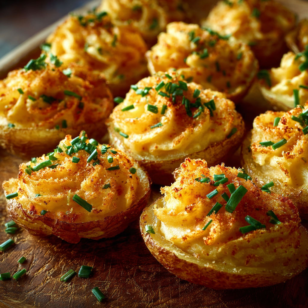 A wooden platter holds a variety of baked potato dishes, including scalloped potatoes and tater tots.