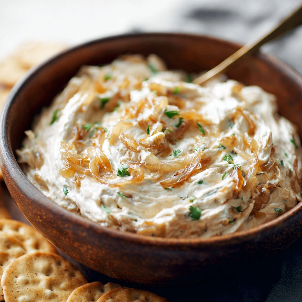 A bowl of dip with a spoon in it, and crackers on the side.