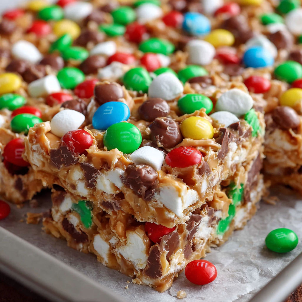A close up of a delicious M&M's Marshmallow Dream Bar.