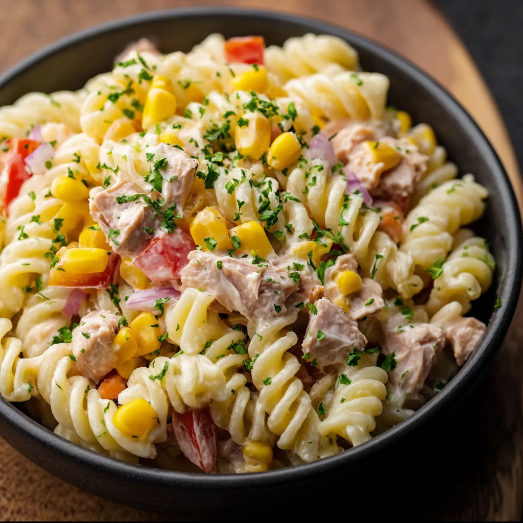 A bowl of pasta salad with tuna, corn, and herbs.