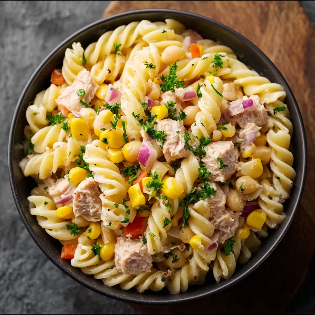 A bowl of Tuna Pasta Salad with Sweet Corn, featuring a mix of pasta, tuna, corn, and herbs.