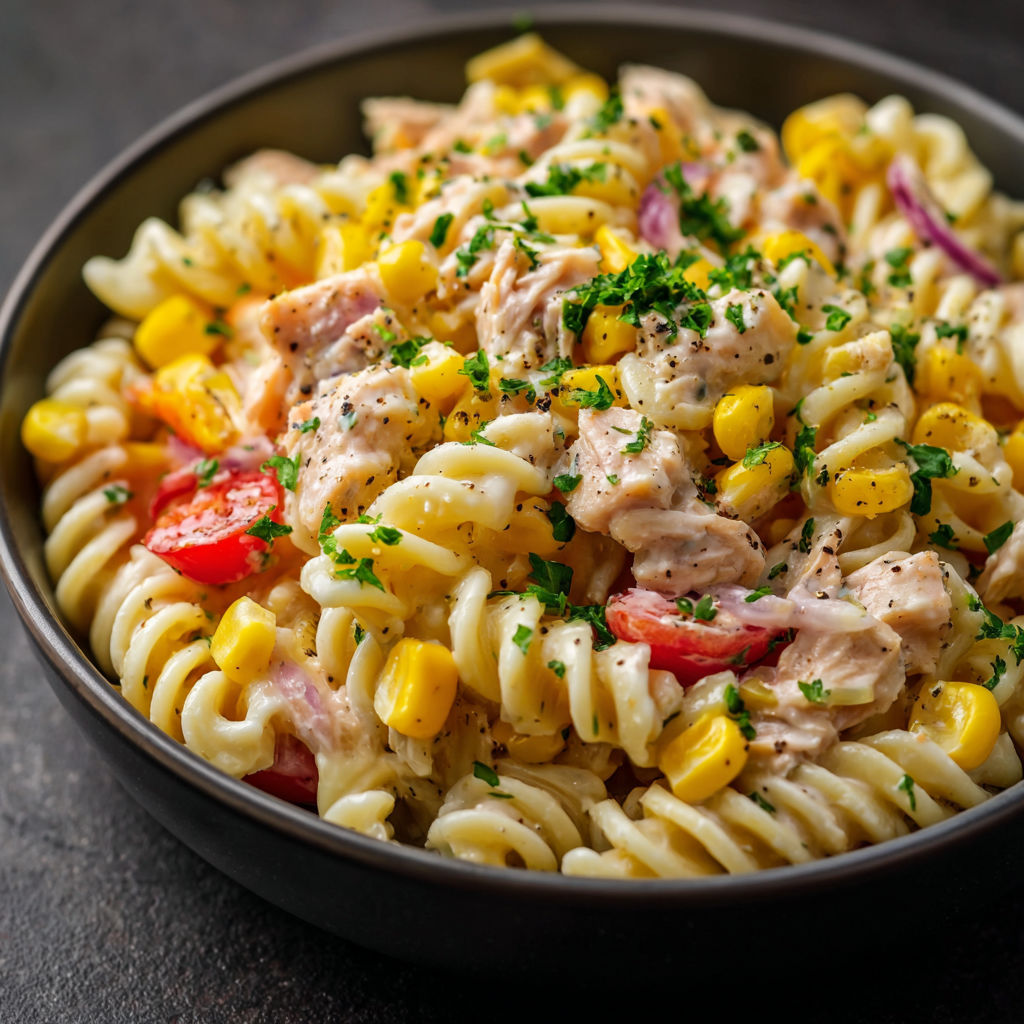 A bowl of pasta salad with tuna and sweet corn.