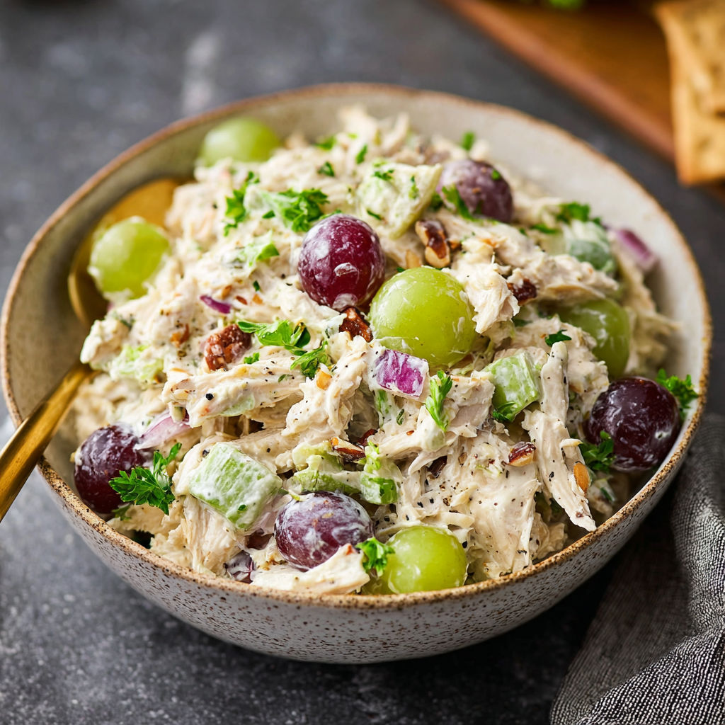 A bowl of chicken salad with grapes and walnuts.