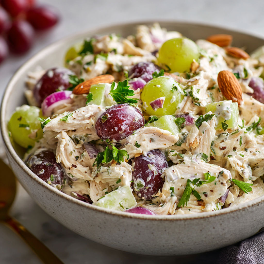 A bowl of chicken salad with grapes, onions, and almonds.