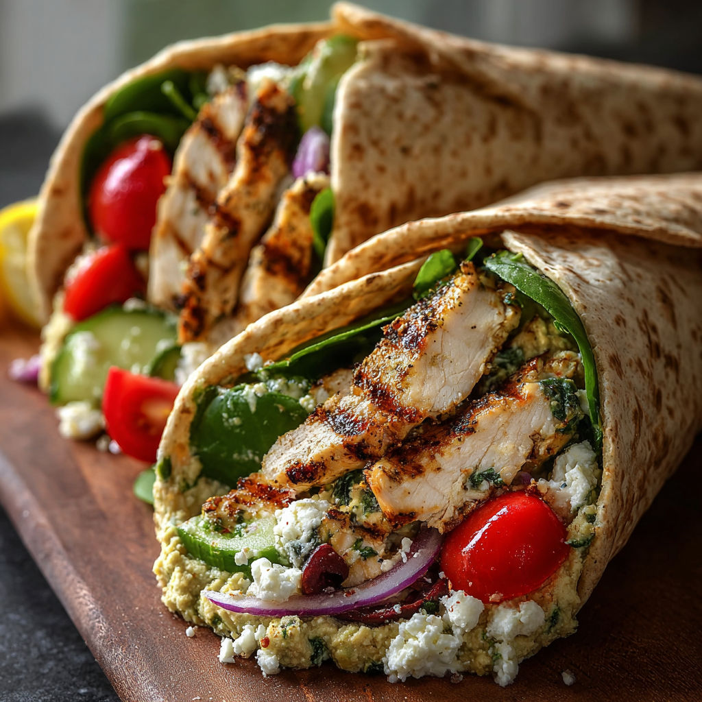 A chicken wrap with a variety of vegetables, including tomatoes, cucumbers, and lettuce, is displayed on a wooden cutting board.