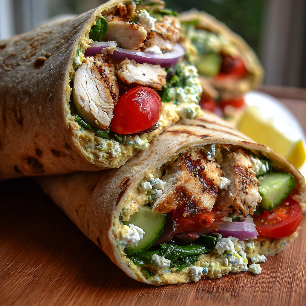 A delicious wrap filled with chicken, tomatoes, cucumbers, and blue cheese.