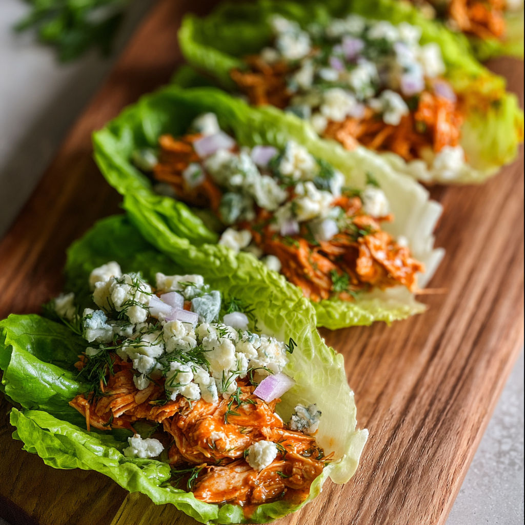 Three delicious Buffalo Chicken Lettuce Wraps are served on a wooden platter, ready to be enjoyed.