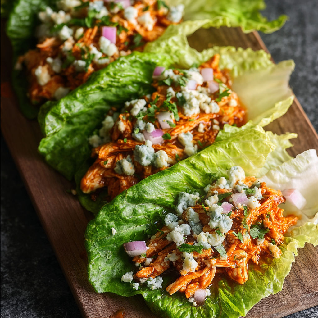 A wooden cutting board holds a delicious meal of chicken and lettuce wraps.