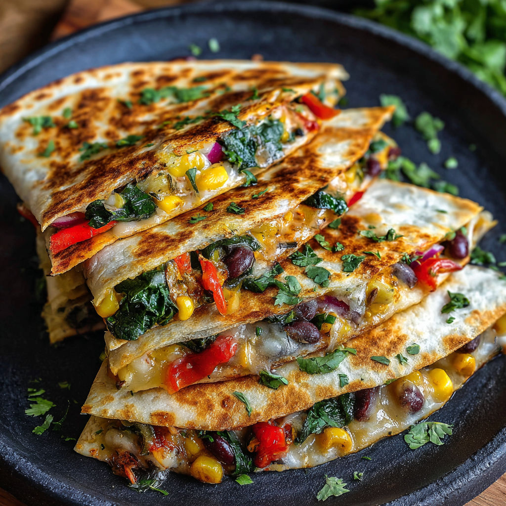 A stack of veggie quesadillas with melty cheese on a plate.