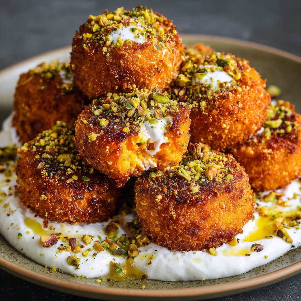 A plate of sweet potato croquettes with a burrata dip and pistachio crunch.