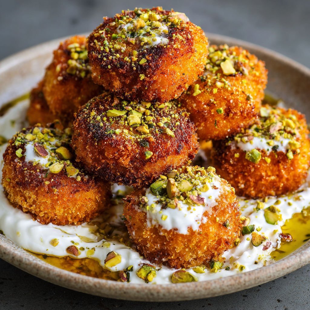 A plate of Sweet Potato Croquettes with Burrata Dip & Pistachio Crunch.