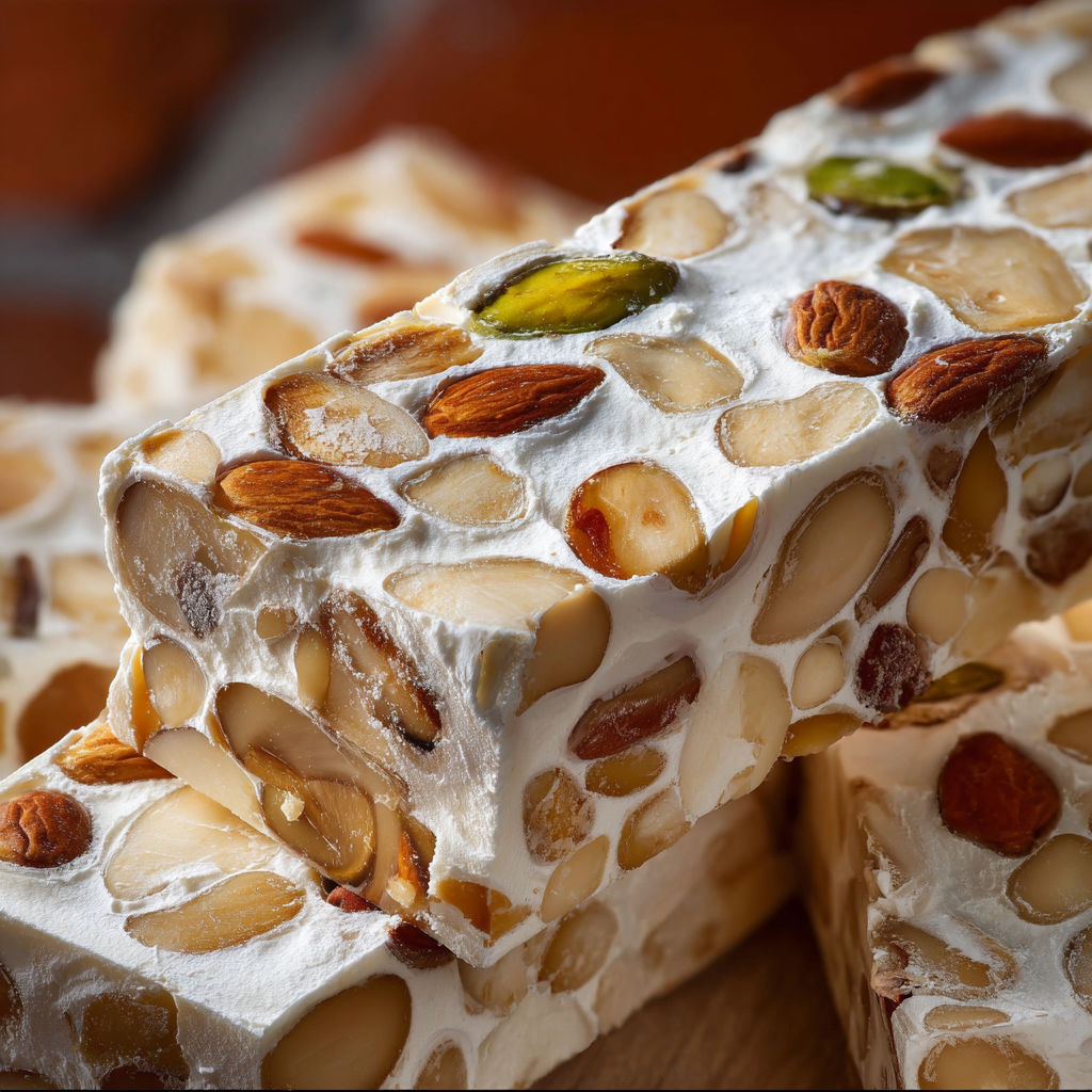 A close up of Italian Torrone, a dessert made with nuts, honey, and spices.
