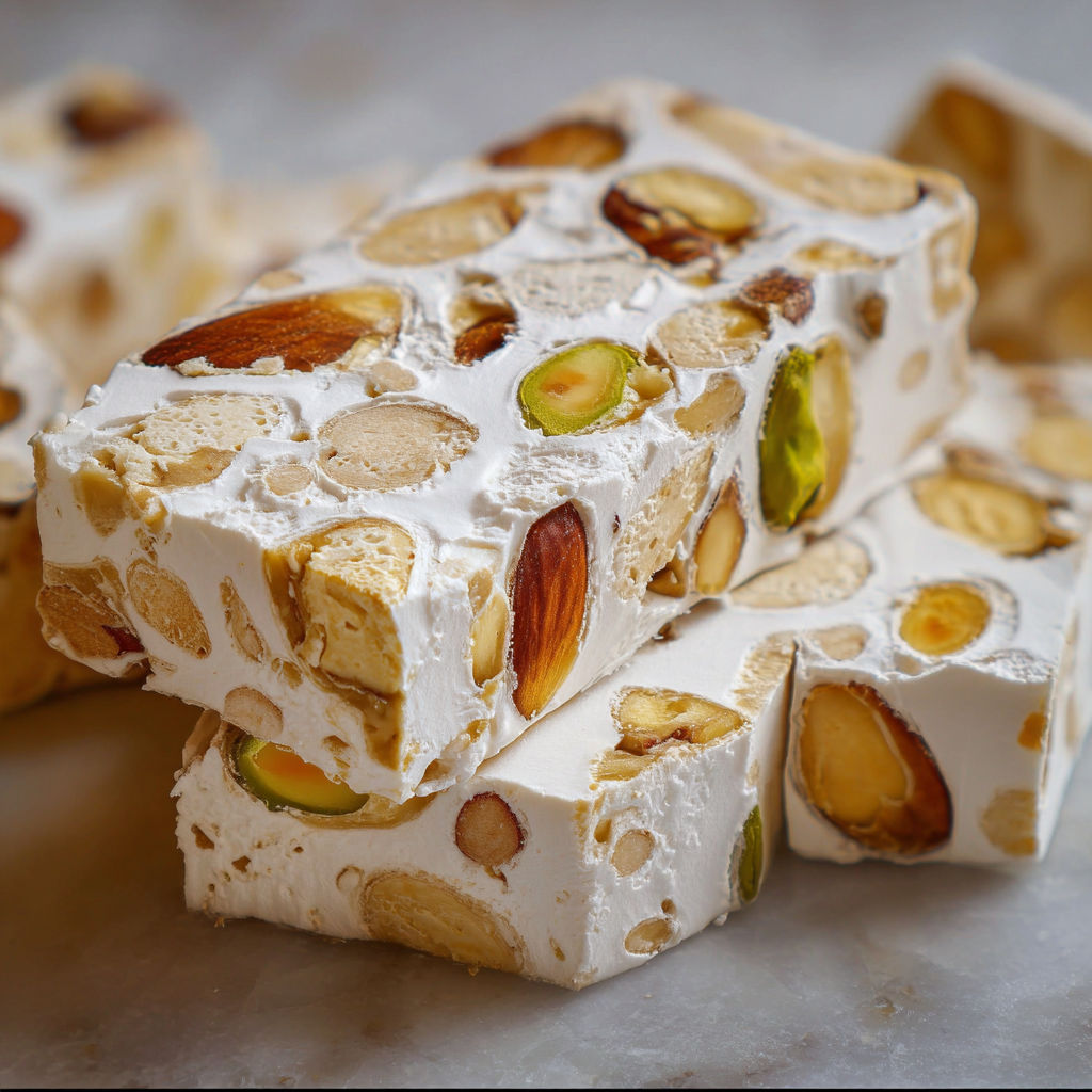 A close up of a piece of Italian Torrone, a dessert made with nuts and honey.