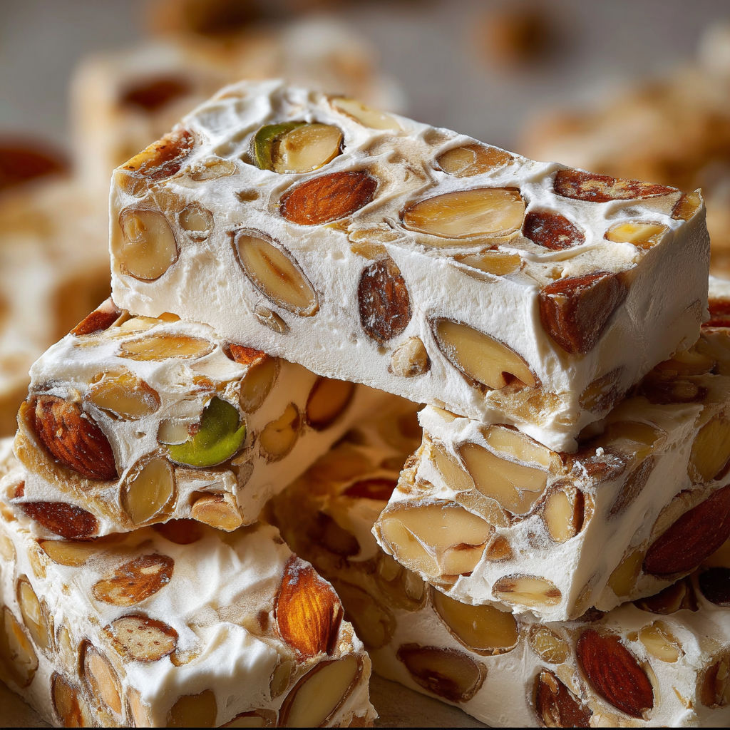 A close up of Italian Torrone, a dessert made with almonds, hazelnuts, and white chocolate.
