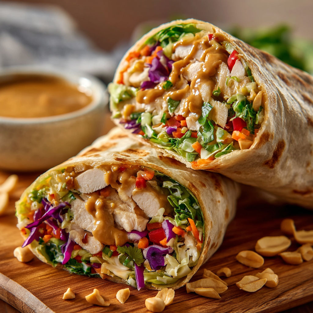 A delicious Thai Peanut Chicken Wrap is served on a wooden cutting board.