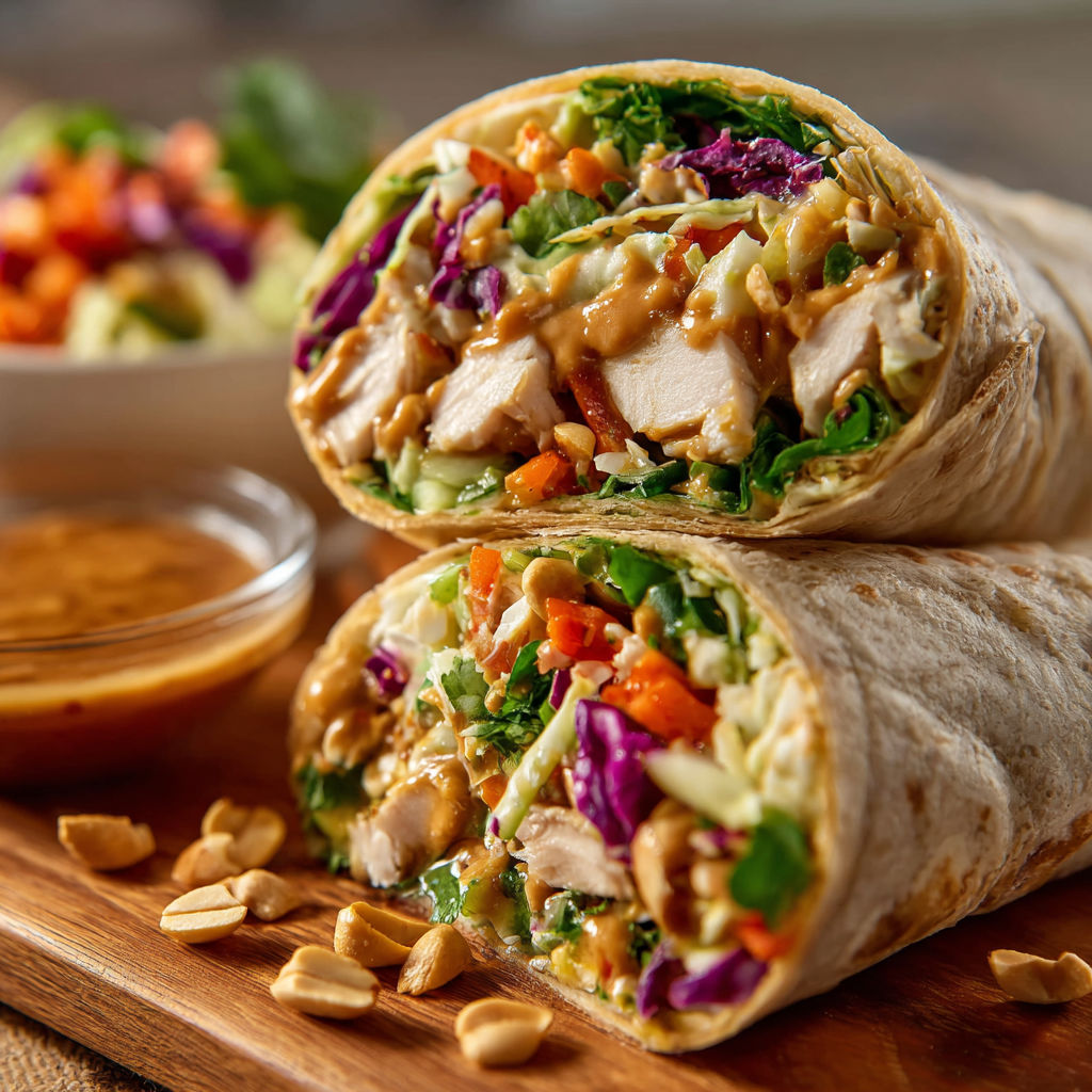 A delicious wrap filled with chicken, vegetables, and sauce is served with a side of dipping sauce.