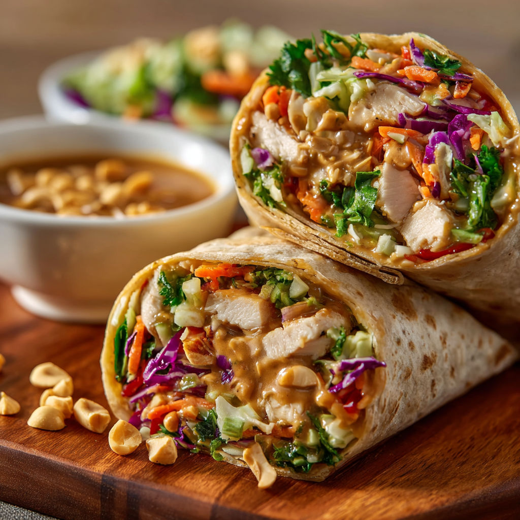 A delicious meal of chicken and vegetables is served in a tortilla wrap, accompanied by a side of soup.