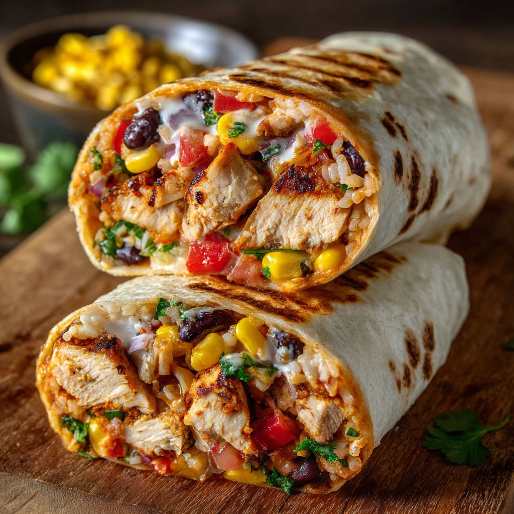 A delicious chicken burrito with a variety of vegetables and sauces.
