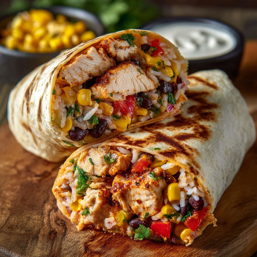A delicious chicken burrito is served on a wooden table.
