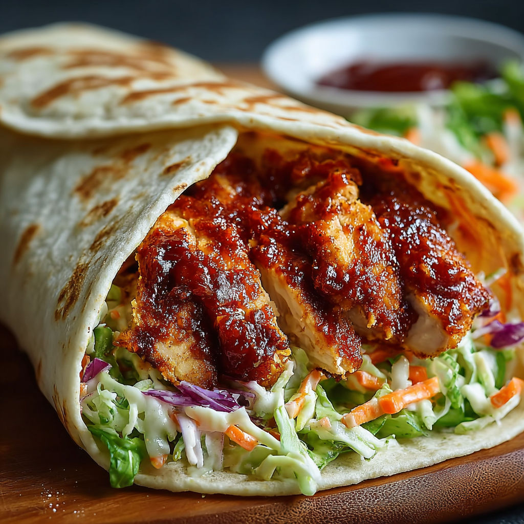 A delicious BBQ chicken wrap with coleslaw on a wooden cutting board.
