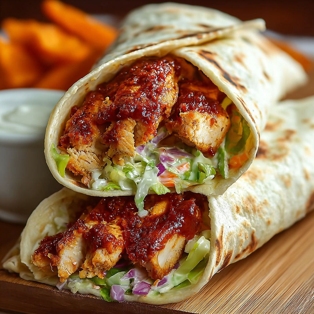 A delicious BBQ chicken wrap with coleslaw on a wooden table.