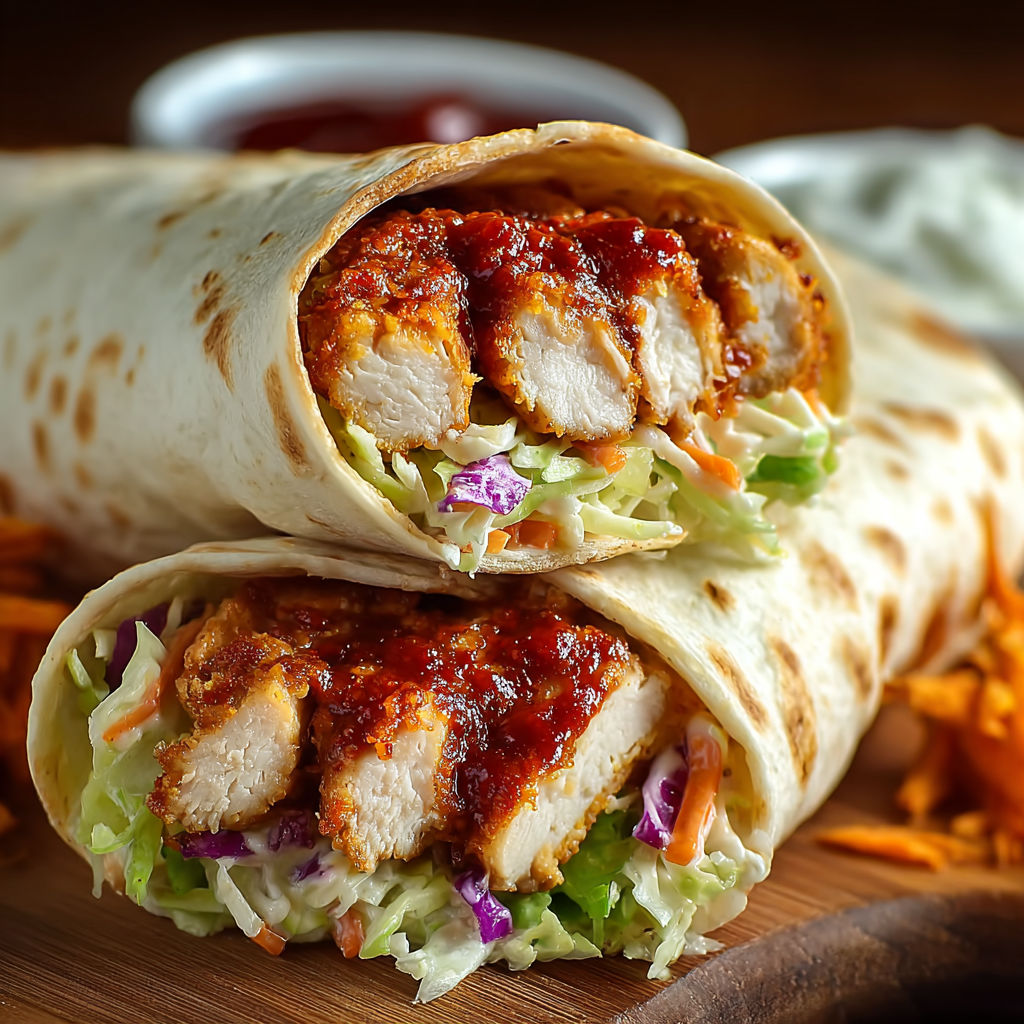A delicious BBQ chicken wrap with coleslaw is ready to be enjoyed.