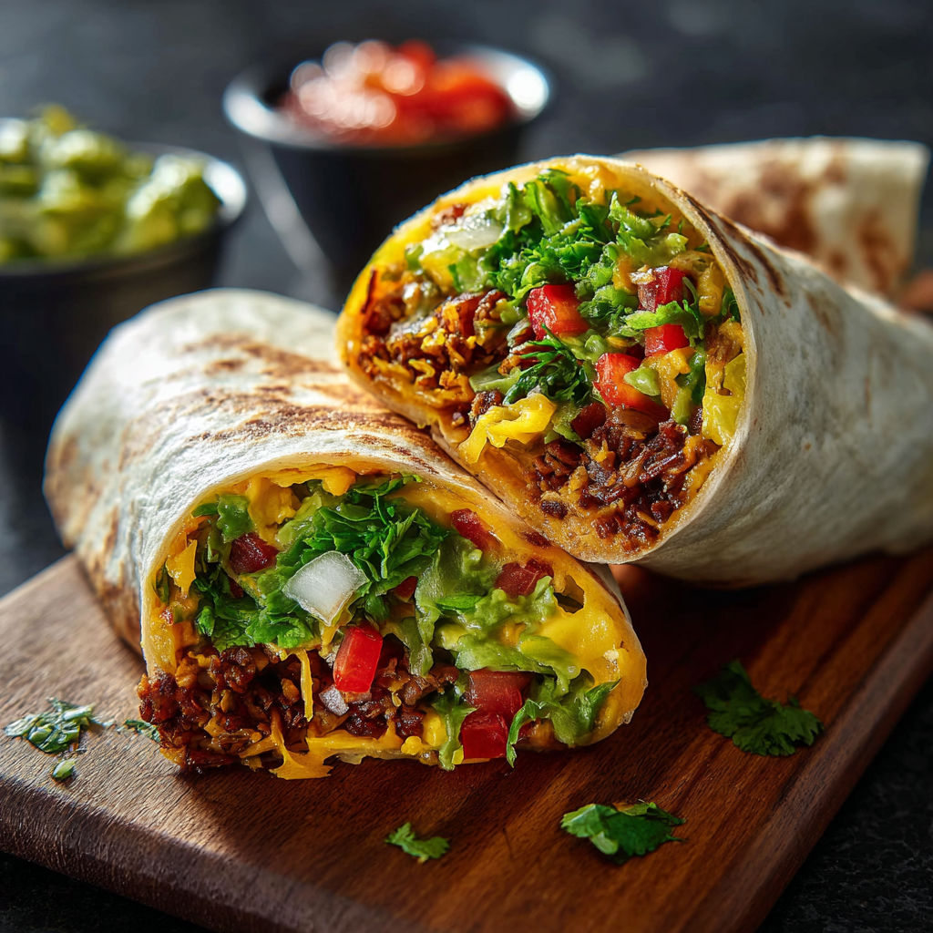 Two vegan burrito wraps filled with meat, cheese, and vegetables are served on a wooden cutting board.