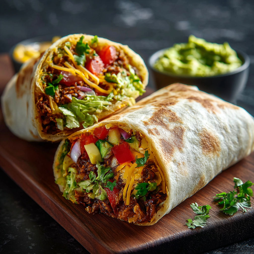 A delicious burrito is served on a wooden cutting board, accompanied by a bowl of guacamole.